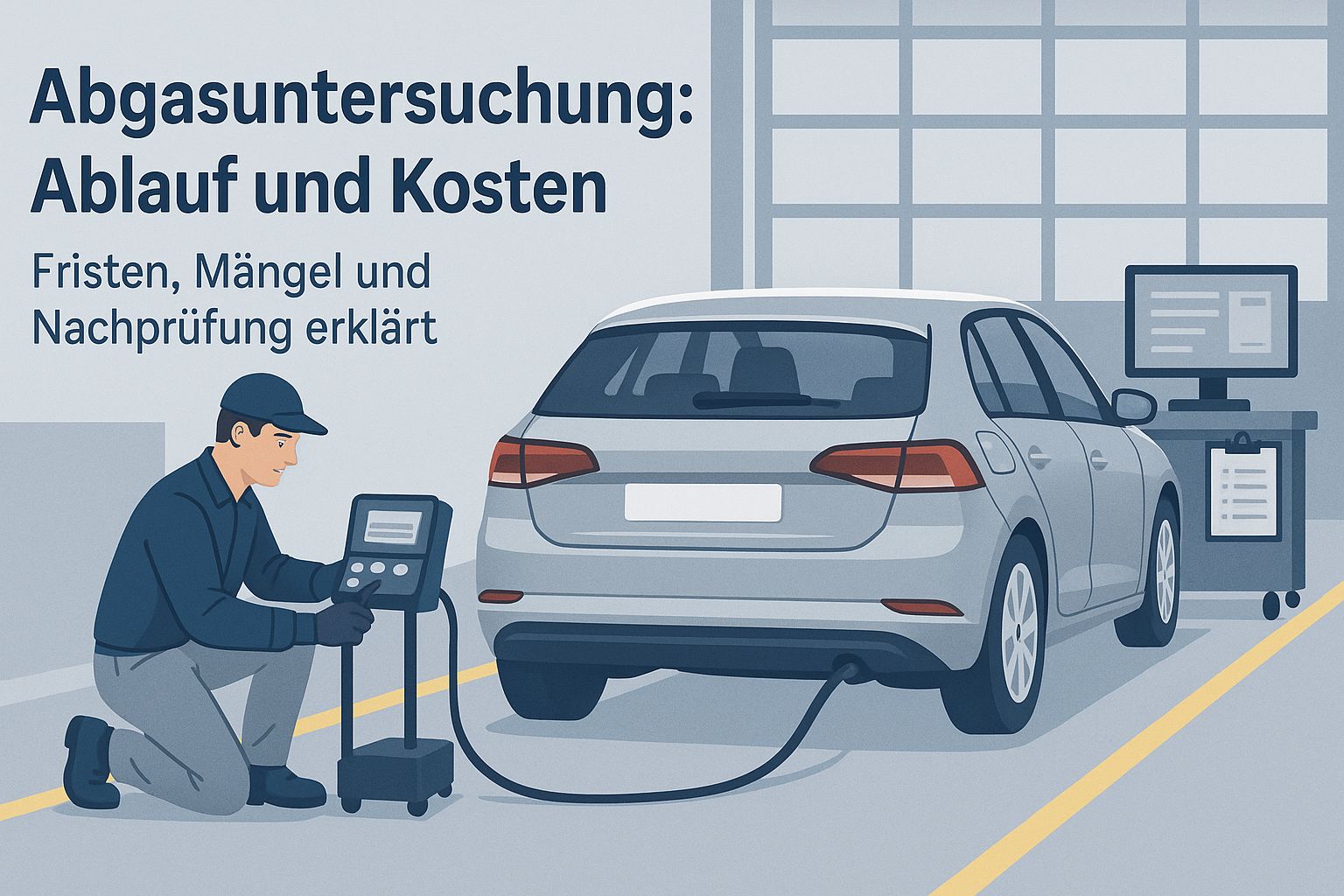 Techniker führt Abgasuntersuchung am Auspuff eines Autos durch