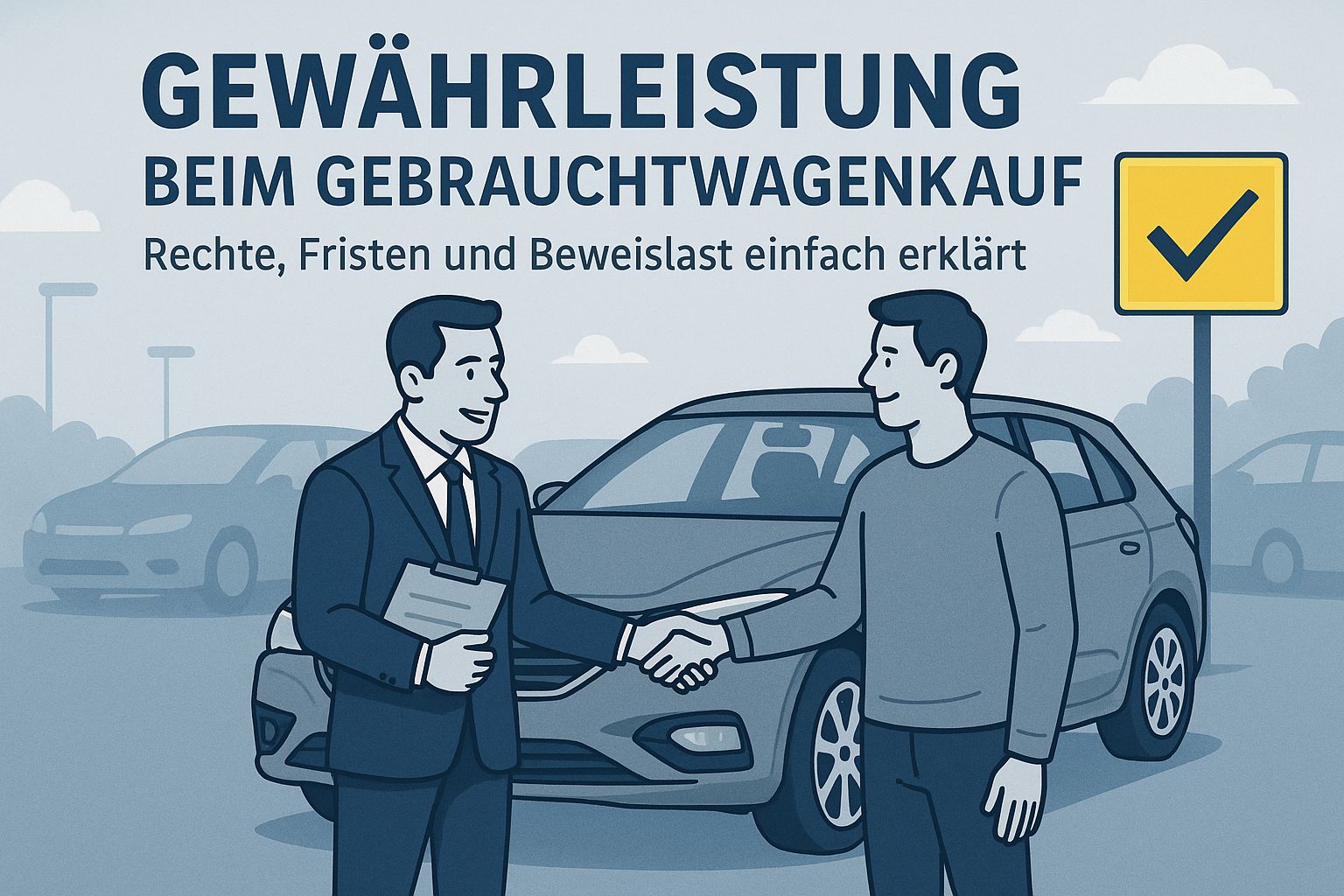 Händedruck zwischen Verkäufer und Käufer vor einem Gebrauchtwagen als Symbol für die Gewährleistung beim Gebrauchtwagenkauf