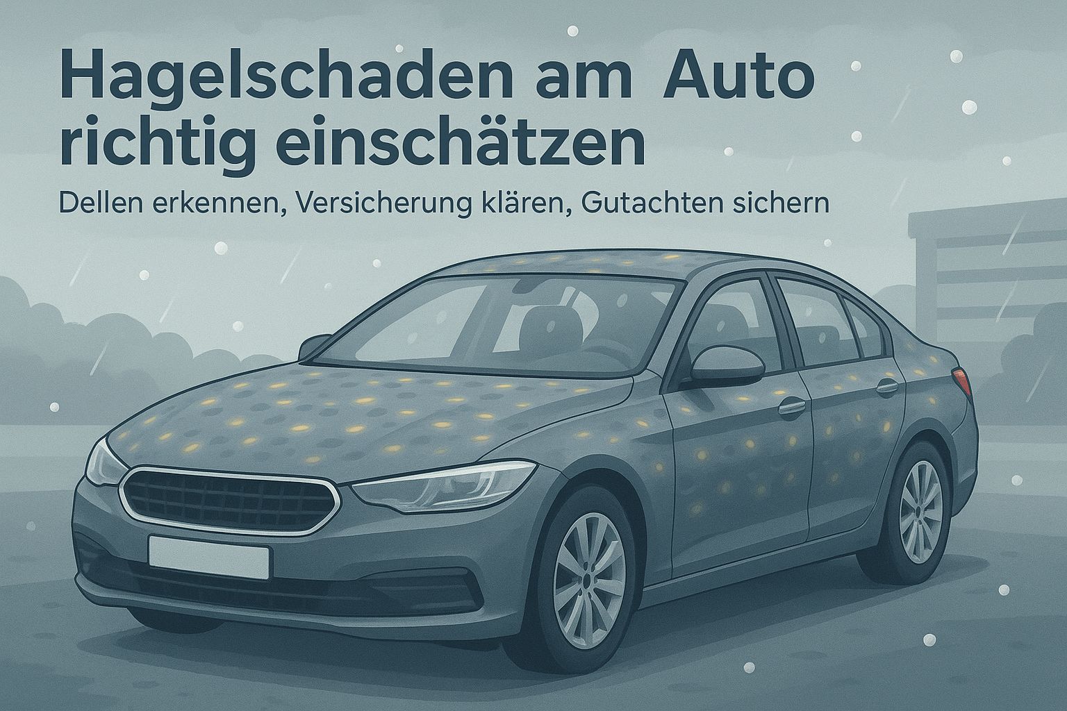 Grau-blaue Illustration eines Pkw mit zahlreichen gelb hervorgehobenen Hageldellen auf Dach, Motorhaube und Türen bei leichtem Hagelschauer