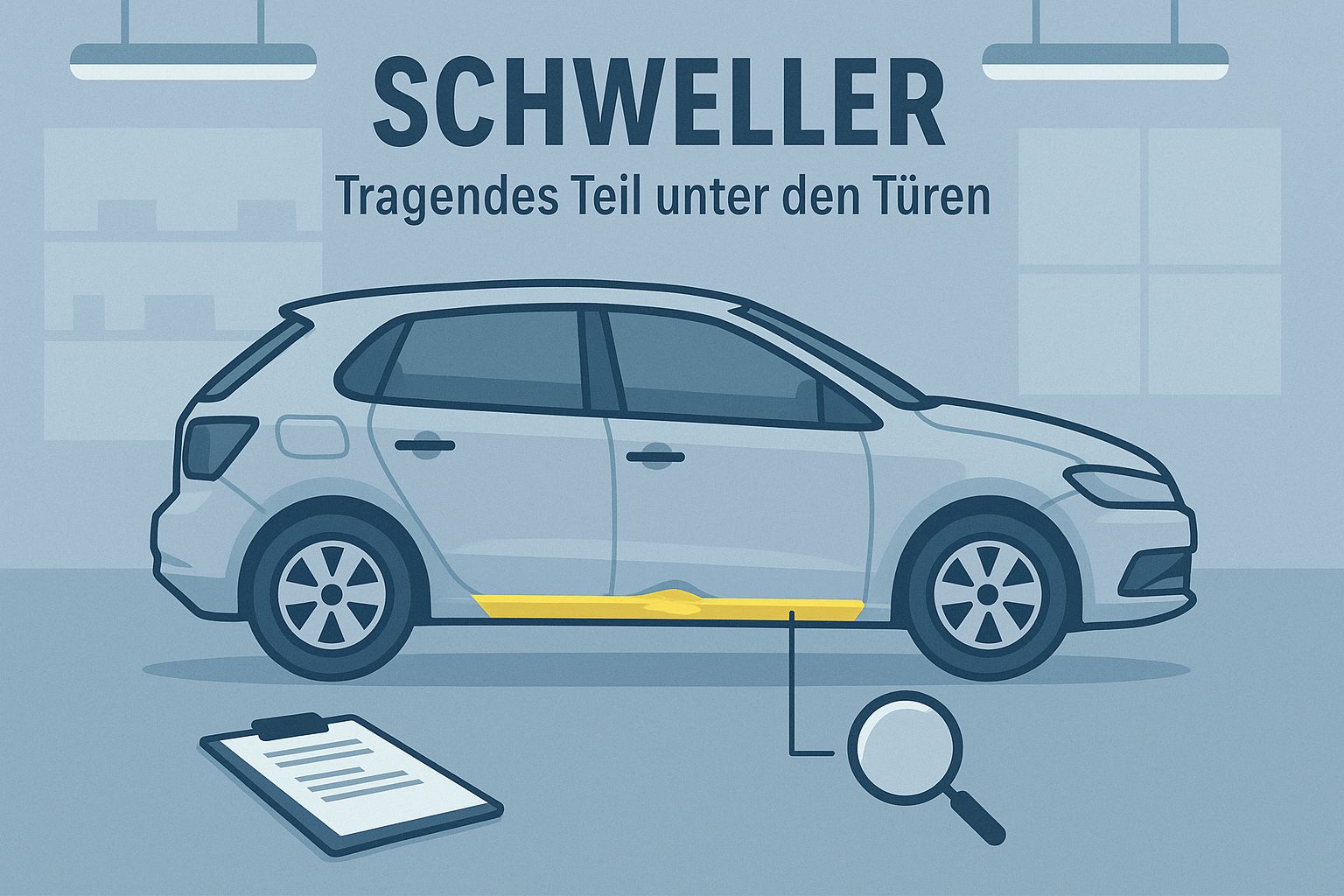 Seitenansicht eines Autos mit gelb markiertem, leicht eingedrücktem Schweller unter den Türen