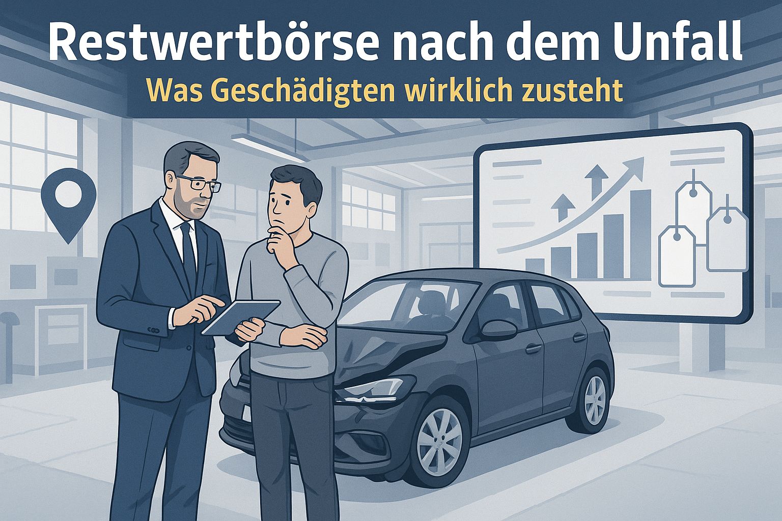Kfz-Sachverständiger erklärt die Restwertbörse nach dem Unfall am beschädigten Auto
