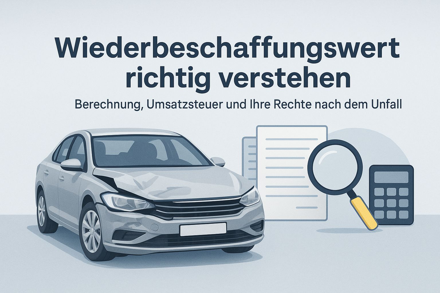 Illustration zum Wiederbeschaffungswert beim Auto: Berechnung, Umsatzsteuer und Rechte nach einem Unfall