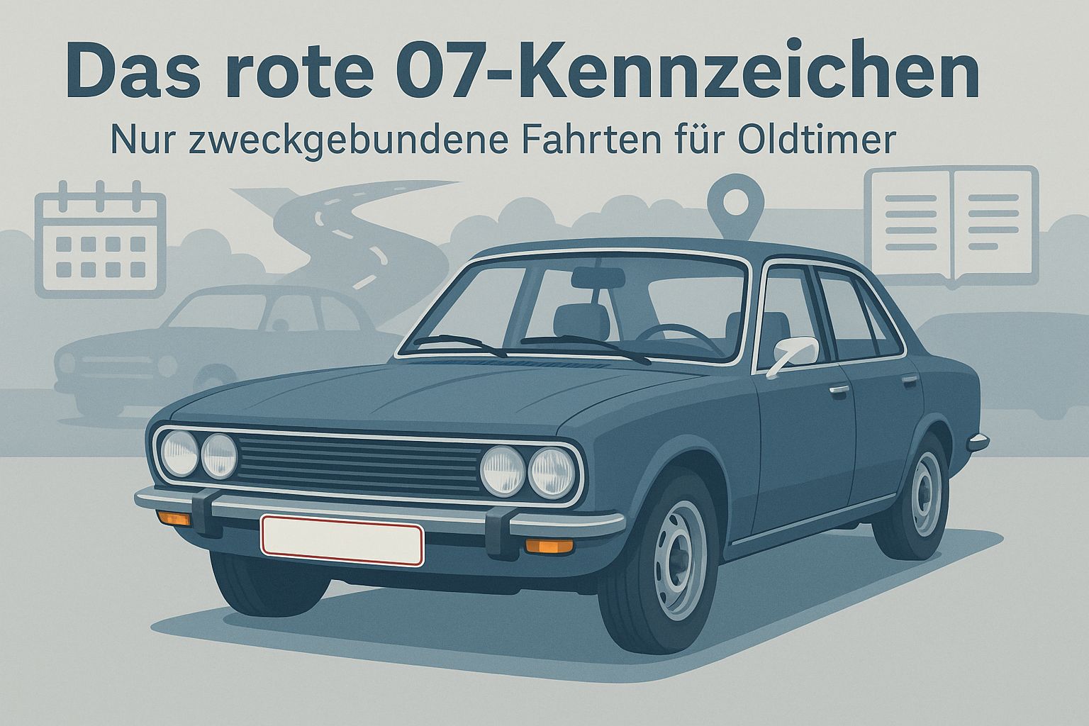 Illustration: Oldtimer mit leerem rot umrandetem Kennzeichen – das rote 07-Kennzeichen erlaubt nur zweckgebundene Fahrten