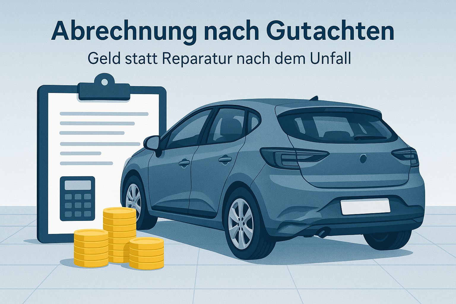 Abrechnung nach Gutachten: Unfallfahrzeug mit Delle, Gutachten-Klemmbrett und Münzstapel als Symbol für Geld statt Reparatur