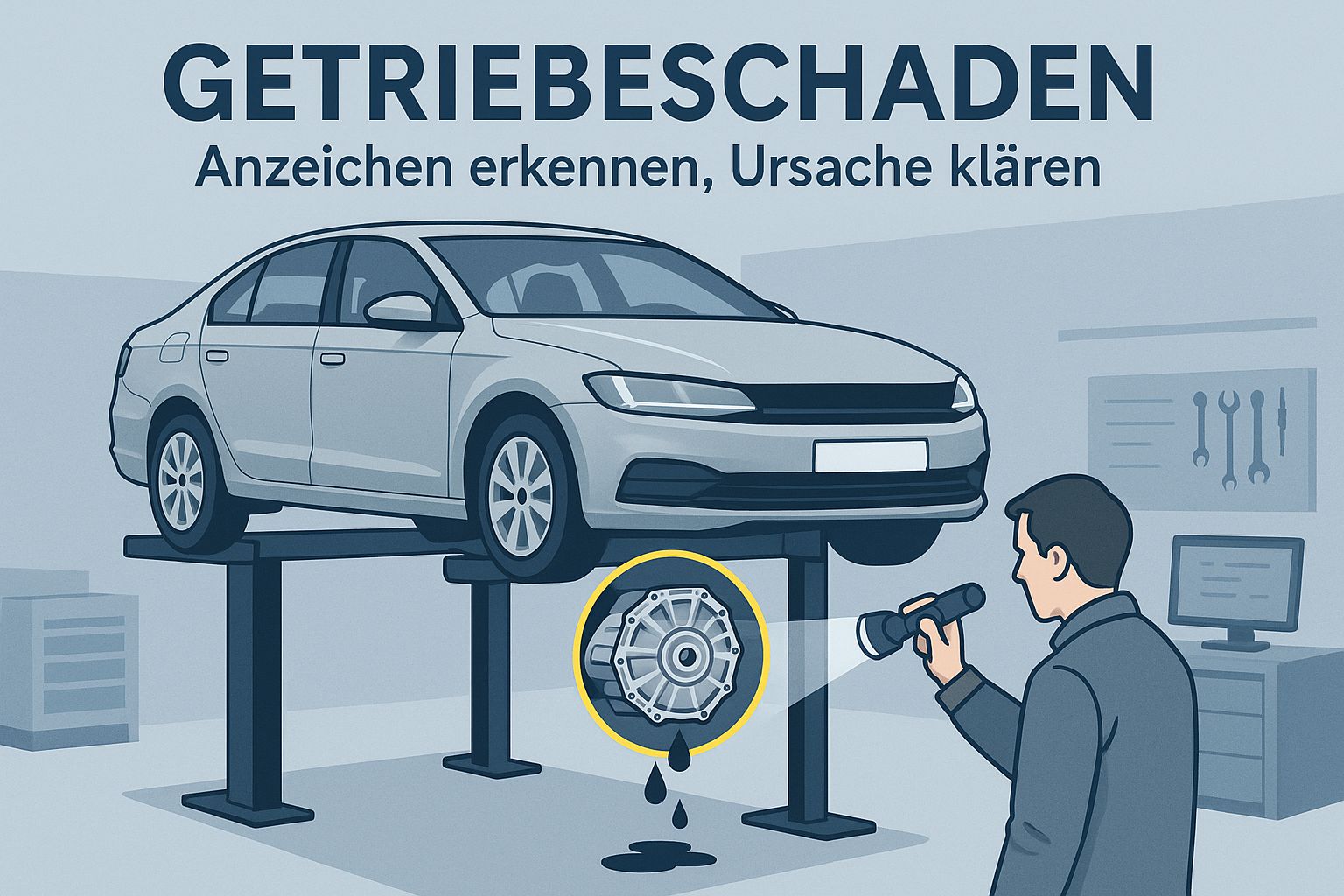 Kfz-Sachverständiger prüft mit Taschenlampe das Getriebe eines Autos auf der Hebebühne, Öltropfen am Boden