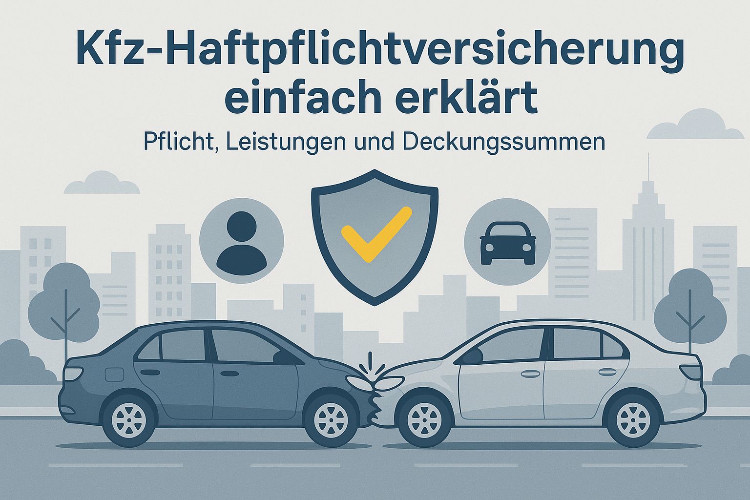 Kfz-Haftpflichtversicherung: zwei Autos nach einem Zusammenstoß, darüber ein Schutzschild mit Haken