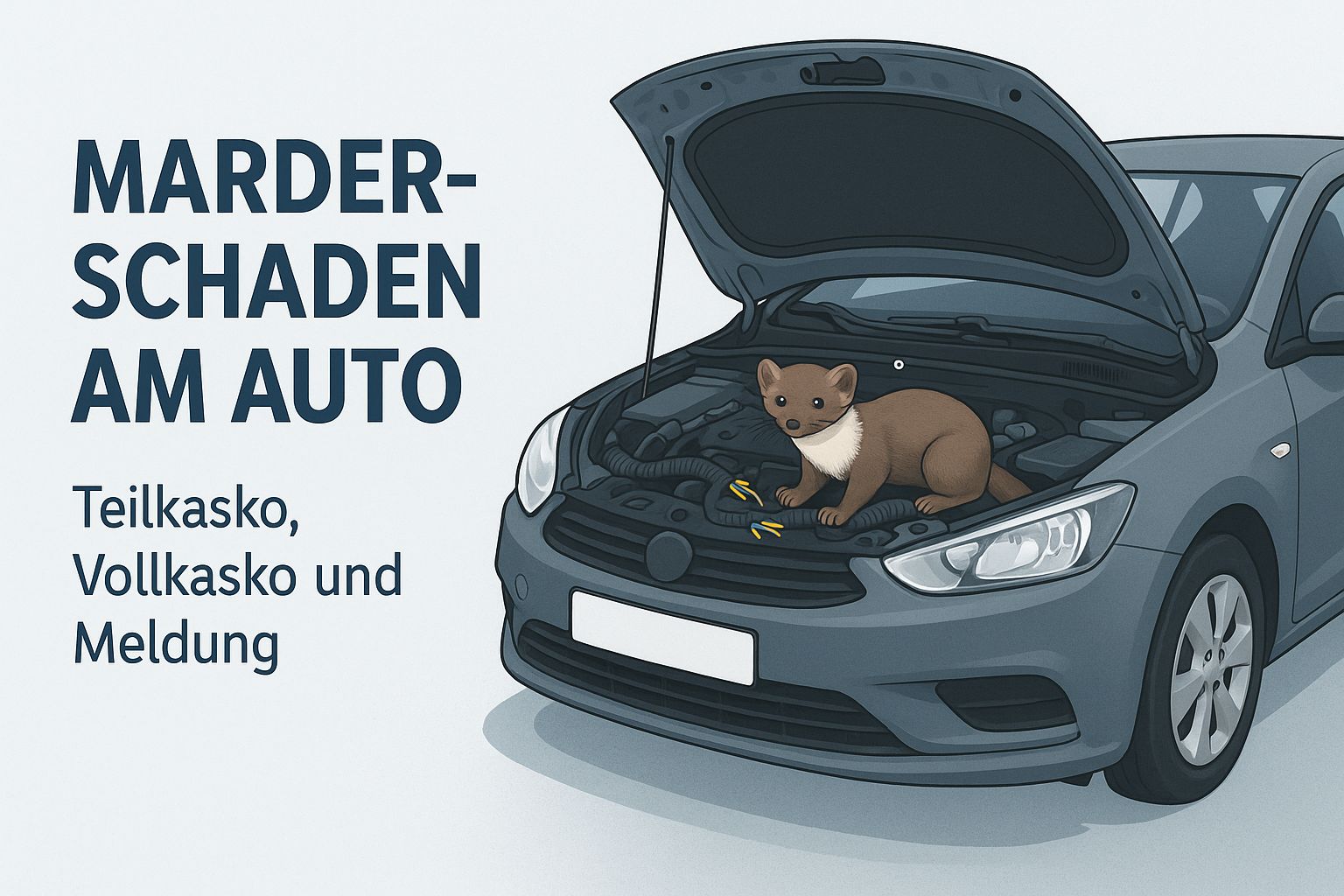 Illustration: Marder im Motorraum eines Autos mit geöffneter Motorhaube und zerbissenen Kabeln – Marderschaden