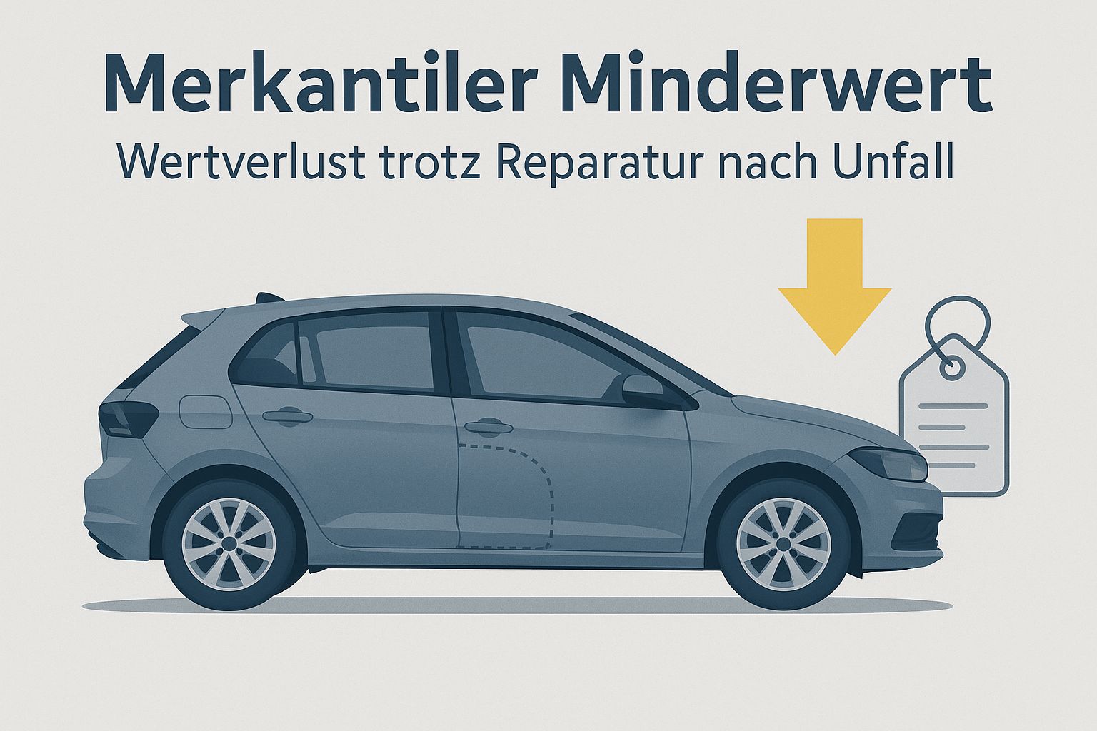 Repariertes Unfallauto in Seitenansicht mit gelbem Pfeil nach unten und Preisschild als Symbol für den merkantilen Minderwert