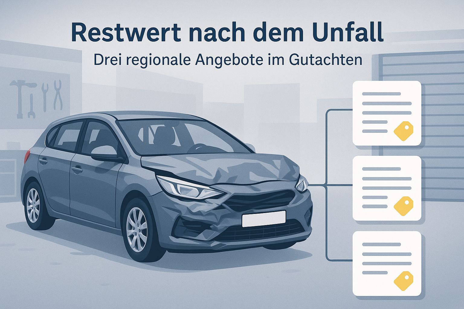 Unfallauto mit Frontschaden und drei regionale Restwertangebote im Gutachten