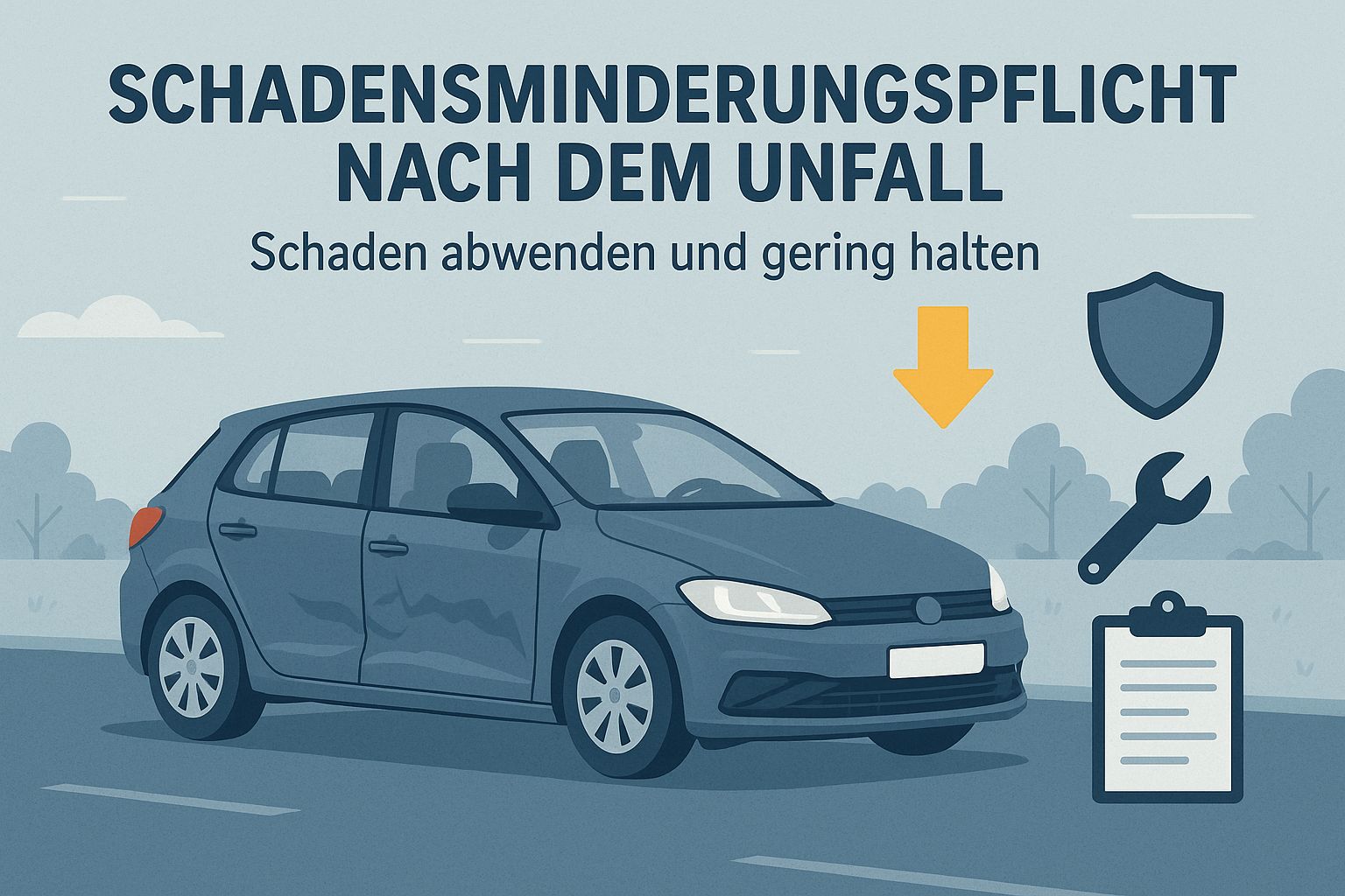 Illustration: beschädigtes Auto am Straßenrand mit Symbolen für Schutz, Schadensminderung, Reparatur und Gutachten – Schadensminderungspflicht nach dem Unfall