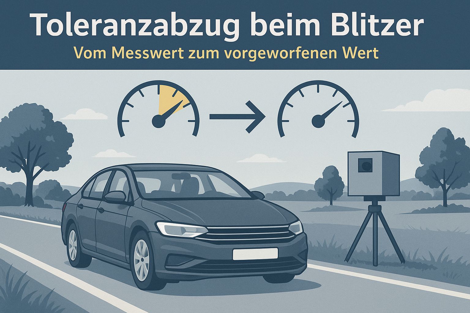 Infografik Toleranzabzug: Messgerät am Straßenrand, Auto und zwei Tachoskalen, vom Messwert wird ein Toleranzbereich abgezogen