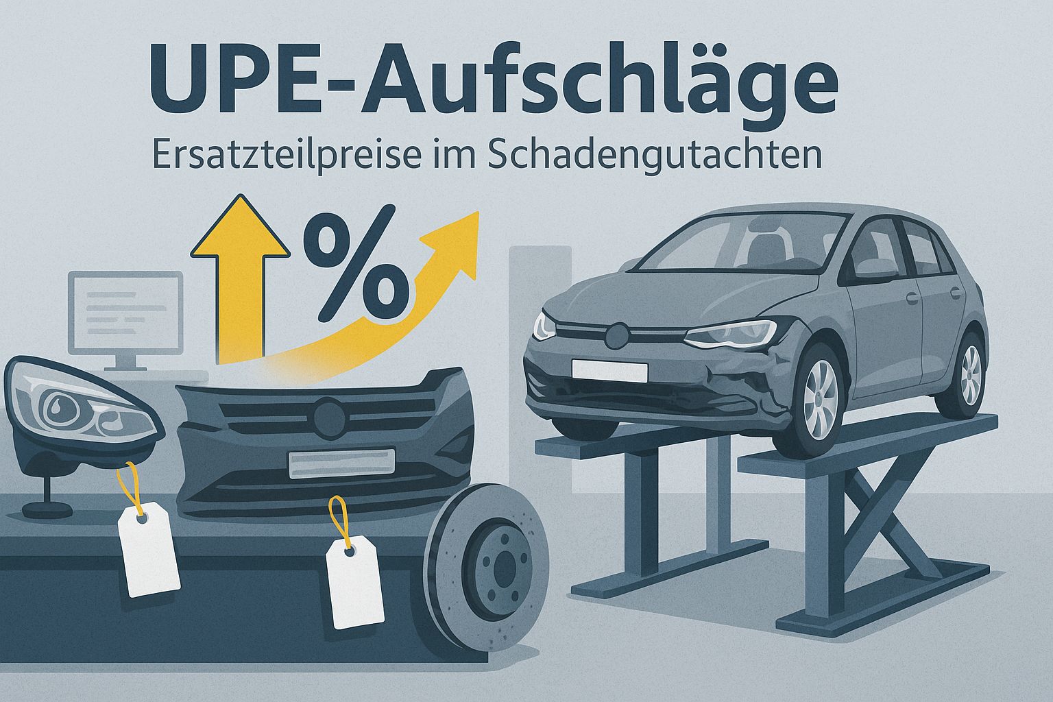 Illustration: Ersatzteile mit Preisschildern und Prozent-Pfeil neben einem beschädigten Auto auf der Hebebühne – UPE-Aufschläge