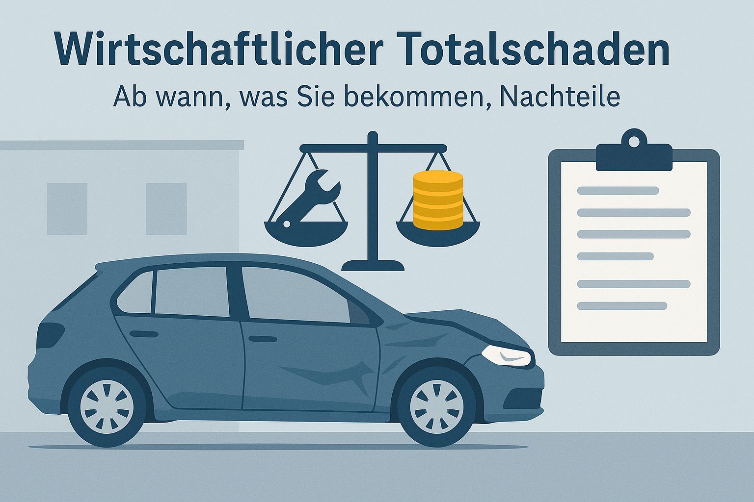 Illustration: beschädigtes Auto neben einer Waage, die Reparaturkosten gegen Fahrzeugwert abwägt – wirtschaftlicher Totalschaden