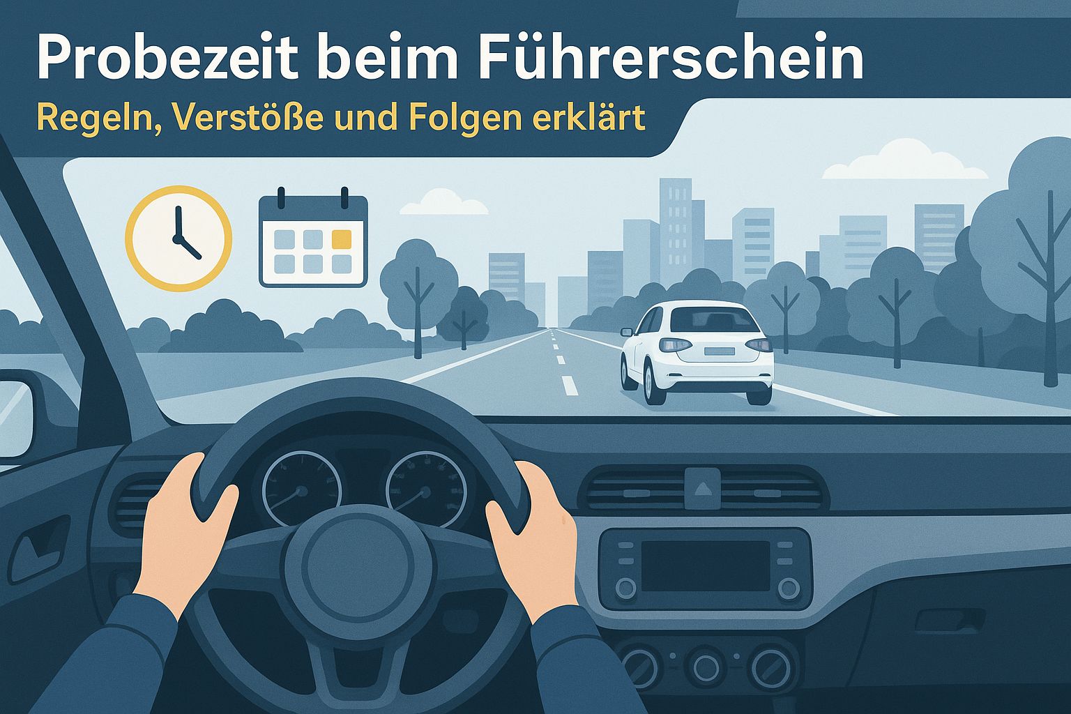 Illustration: Blick aus dem Fahrersitz auf eine Stadtstraße mit Uhr- und Kalendersymbol zur Probezeit beim Führerschein