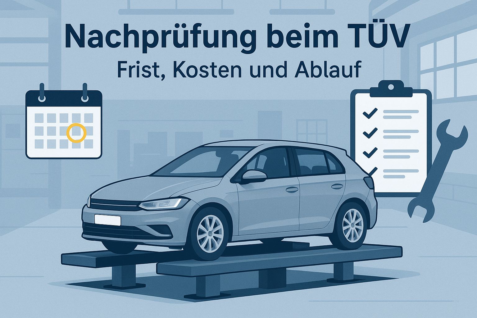 Illustration: Auto auf der Hebebühne in einer Prüfhalle mit Kalender und Checkliste zur Nachprüfung beim TÜV